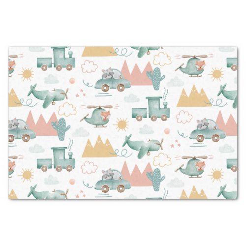 Cute funny transport and animal Kids baby pattern Tissue Paper