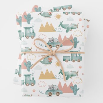 Cute Funny Transport And Animal. Kids Baby Pattern Wrapping Paper Sheets by RemioniArt at Zazzle