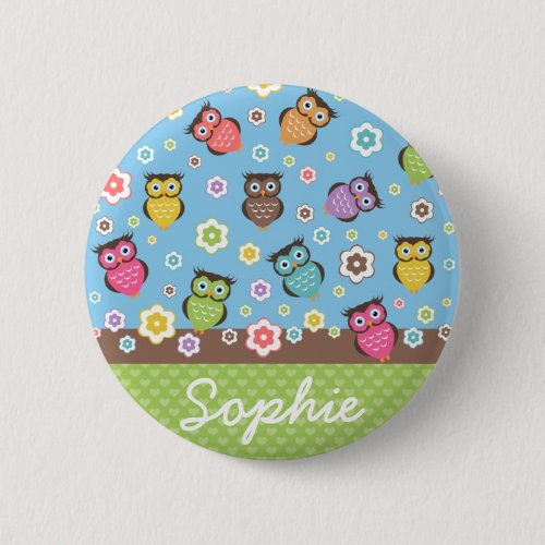 Cute funny trendy owls and flowers pattern button