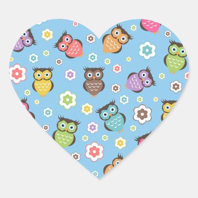 Cute funny trendy owls and flowers pattern heart sticker (Front)