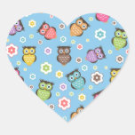 Cute funny trendy owls and flowers pattern heart sticker