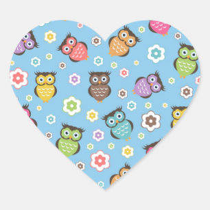 Cute funny trendy owls and flowers pattern heart sticker
