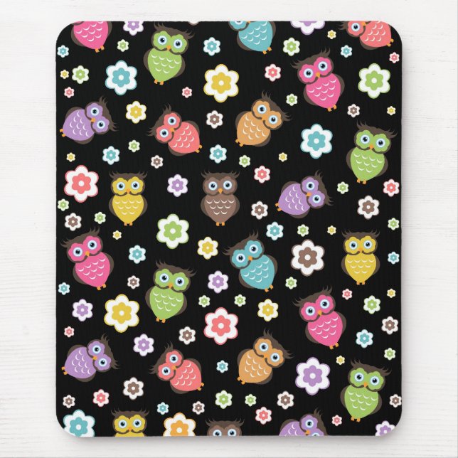 Cute funny trendy owls and flowers pattern mouse pad (Front)