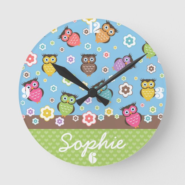 Cute funny trendy owls and flowers pattern round clock (Front)