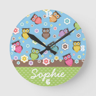 Cute funny trendy owls and flowers pattern round clock