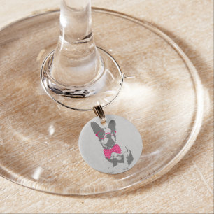 Cute funny trendy vintage animal French bulldog Wine Glass Charm