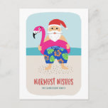 Cute Funny Tropical Beach Santa Christmas in July  Holiday Postcard<br><div class="desc">This adorable holiday postcard features a hand drawn tropical Santa, wearing colorful swim trunks and a bright fuchsia flamingo pool float! The background includes the ocean and a sandy beach. Easy to customize with your own text on the front and back! Send smiles this Christmas season or for Christmas in...</div>