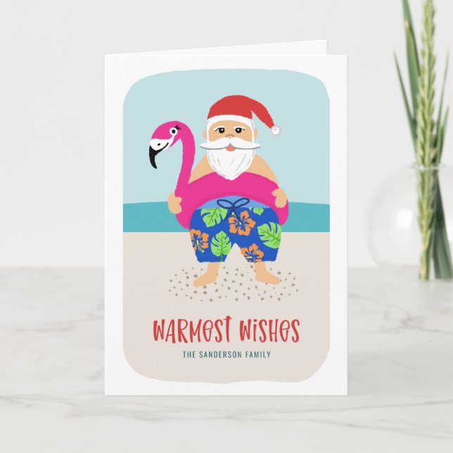 Cute Funny Tropical Beach Santa Pool Float Holiday Card (Front)