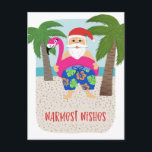 Cute Funny Tropical Santa Christmas in July  Holiday Postcard<br><div class="desc">This adorable holiday postcard features a hand drawn tropical Santa, wearing colorful swim trunks and a bright fuchsia flamingo pool float! Other fun details include palm trees, the ocean, and a sandy beach. Easy to customize with your own text on the back! Send smiles this Christmas season or for Christmas...</div>