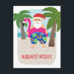 Cute Funny Tropical Santa Christmas in July  Holiday Postcard<br><div class="desc">This adorable holiday postcard features a hand drawn tropical Santa, wearing colorful swim trunks and a bright fuchsia flamingo pool float! Other fun details include palm trees, the ocean, and a sandy beach. Easy to customize with your own text on the back! Send smiles this Christmas season or for Christmas...</div>