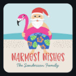 Cute Funny Tropical Santa Warmest Wishes Name Square Sticker<br><div class="desc">These adorable holiday stickers features a hand drawn tropical Santa, wearing colorful swim trunks and a bright fuchsia flamingo pool float! The background includes a sandy beach, ocean, and sky. Easy to personalize! Send smiles this Christmas season or for Christmas in July!! *Artwork created exclusively by Orabella Prints - All...</div>