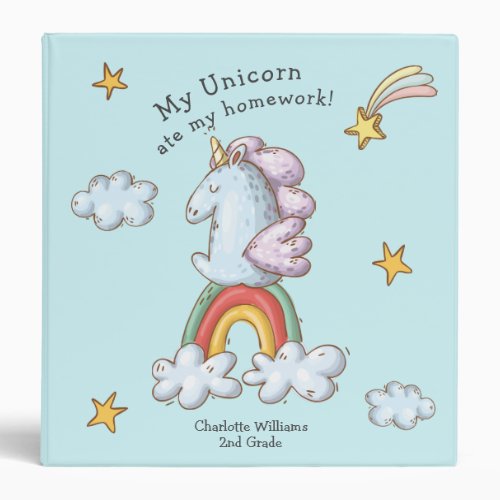 Cute Funny Unicorn Ate My Homework Illustration 3 Ring Binder