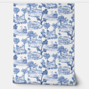 Cute Funny Vintage Blue White Rabbit Toile de Jouy Wallpaper