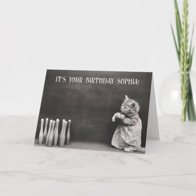 Cute Funny Vintage Cat Birthday Bowling Card (Front)