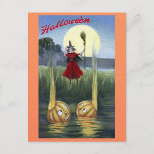 Cute Funny Vintage Halloween Witch Pumpkin Postcard