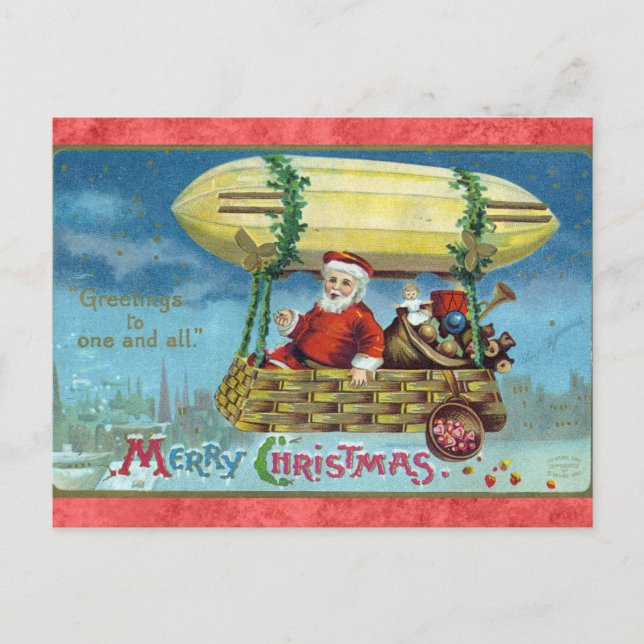 Cute Funny Vintage Santa Toys Blimp Christmas Postcard (Front)