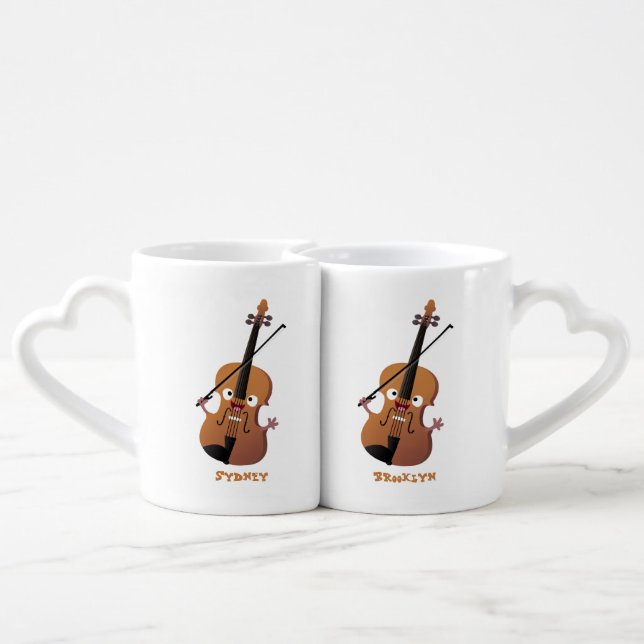Cute funny violin musical cartoon character coffee mug set (Back Nesting)