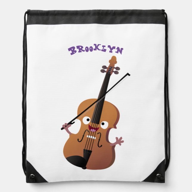 Cute funny violin musical cartoon character drawstring bag (Front)