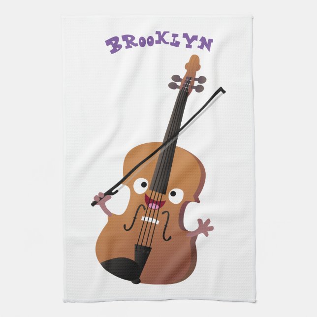 Cute funny violin musical cartoon character kitchen towel (Vertical)