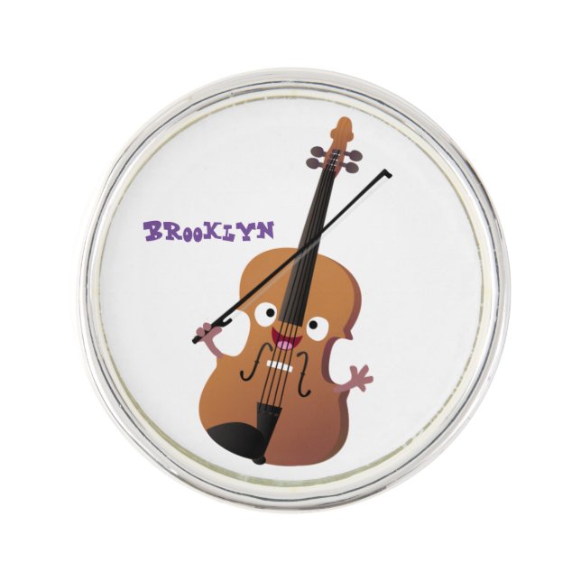 Cute funny violin musical cartoon character lapel pin (Front)