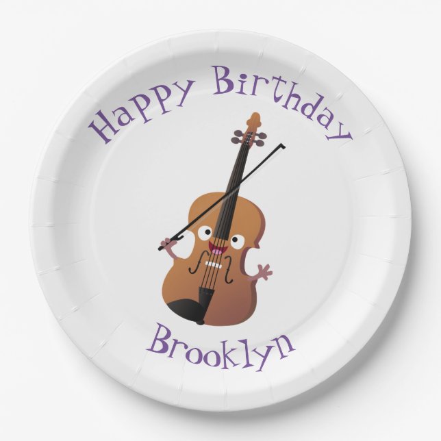 Cute funny violin musical cartoon character paper plates (Front)