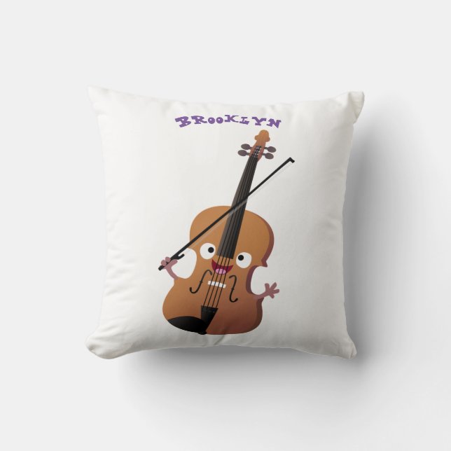 Cute funny violin musical cartoon character throw pillow (Front)