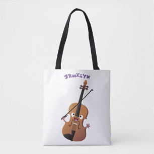 Cute funny violin musical cartoon character tote bag