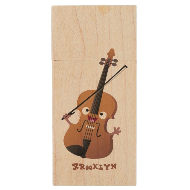 Cute funny violin musical cartoon character wood flash drive (Front Vertical)