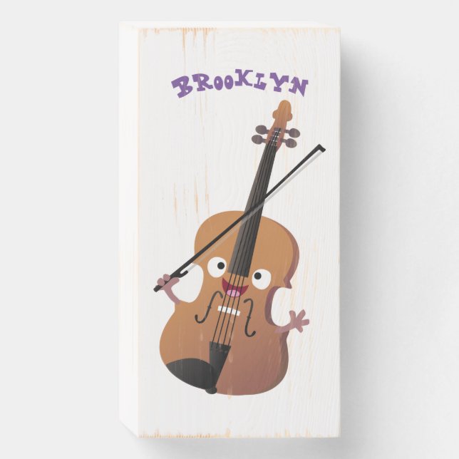 Cute funny violin musical cartoon character wooden box sign (Front Vertical)