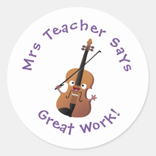 Cute funny violin musical cartoon teacher award  classic round sticker