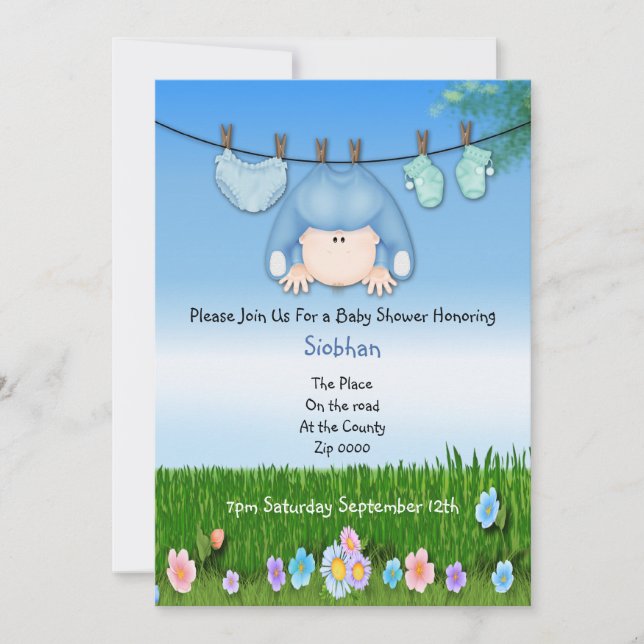 Cute Funny Washing Line Baby Boy Shower Invitation (Front)