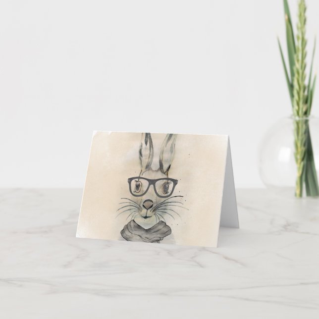 Cute funny watercolor bunny with glasses and scarf card (Front)