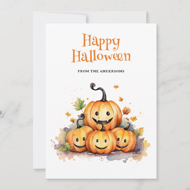 Cute Funny Watercolor Pumpkins Kids Halloween Card (Front)