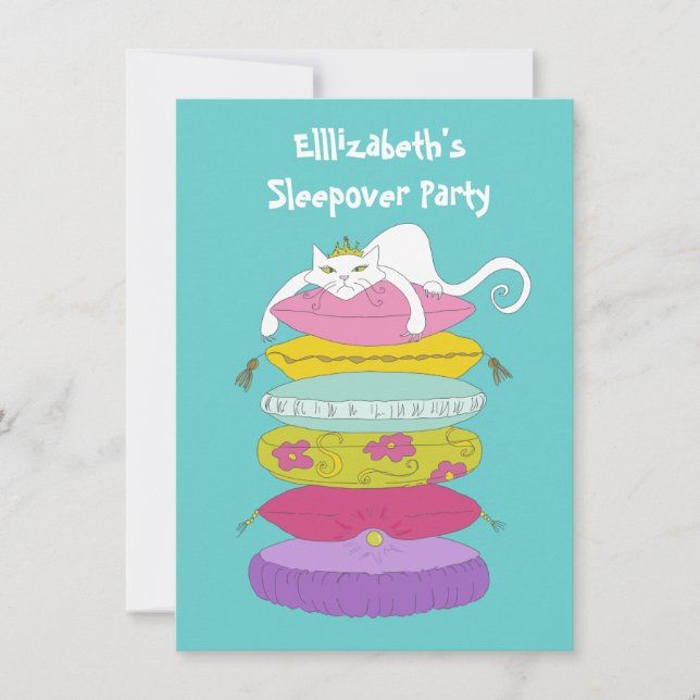 Cute funny whimsical cat and pea Sleepover Invites (Front)