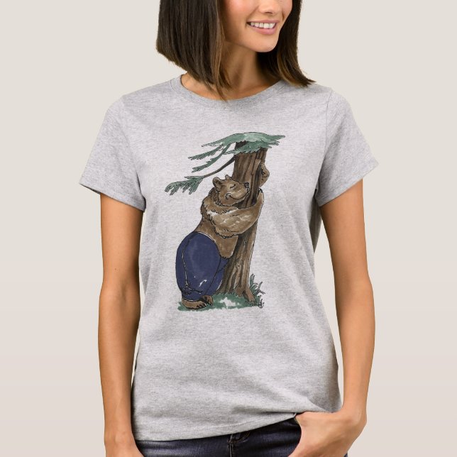 Cute Funny Whimsical Tree Hugging Bear Outdoor T-Shirt (Front)