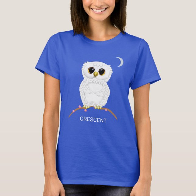 Cute funny white owl and crescent moon T-Shirt (Front)