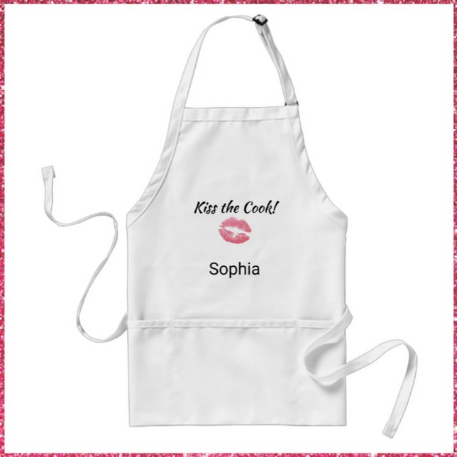Cute Funny White & Pink Lipstick Kiss the Cook  Adult Apron (Creator Uploaded)