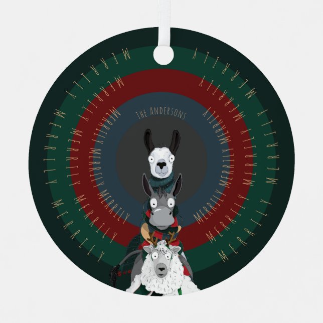 Cute Funny Winter Donkey, Llama & Sheep Metal Ornament (Front)