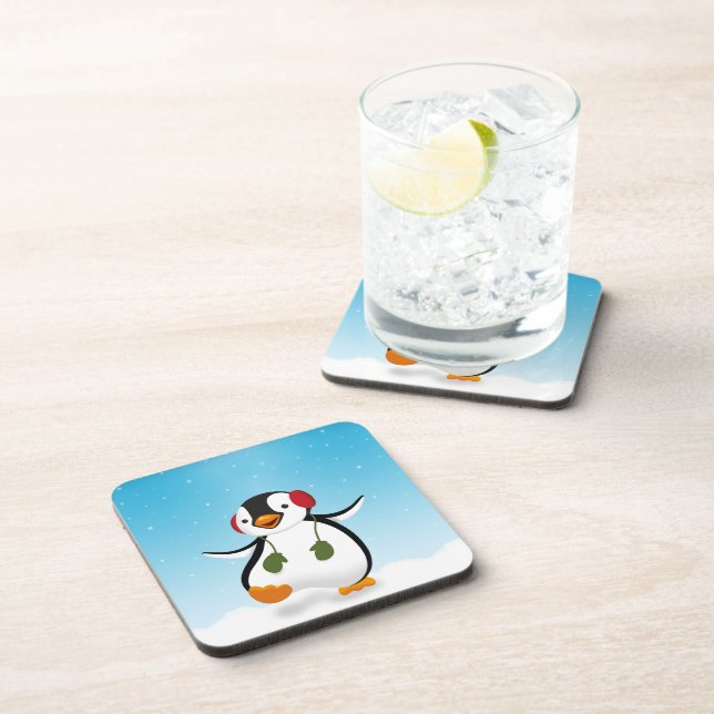 Cute Funny Winter Penguin Beverage Coaster (Right Side)