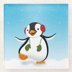 Cute Funny Winter Penguin Glass Coaster