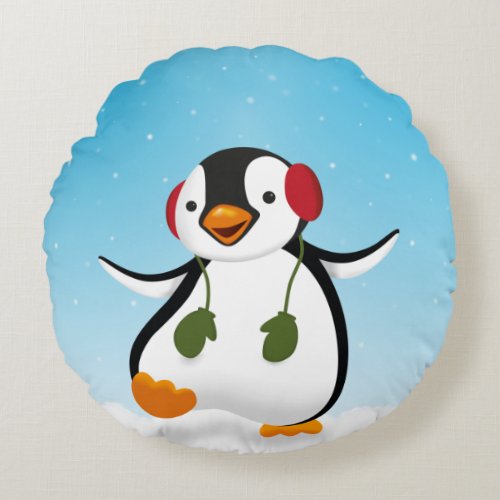 Cute Funny Winter Penguin Round Pillow