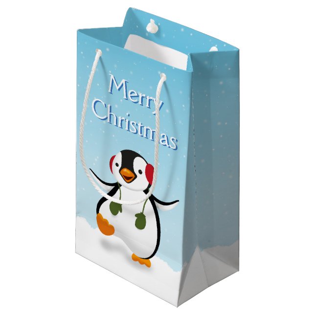 Cute Funny Winter Penguin Small Gift Bag (Front Angled)