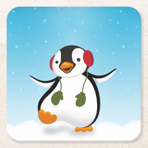 Cute Funny Winter Penguin Square Paper Coaster