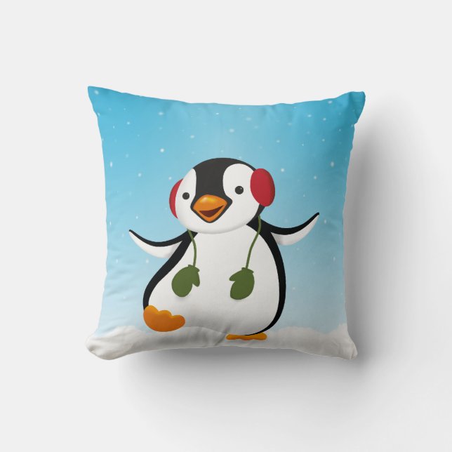 Cute Funny Winter Penguin Throw Pillow (Front)