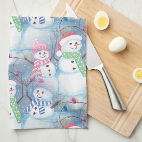 Cute Funny Winter Season Snowmen Watercolor Art Kitchen Towel