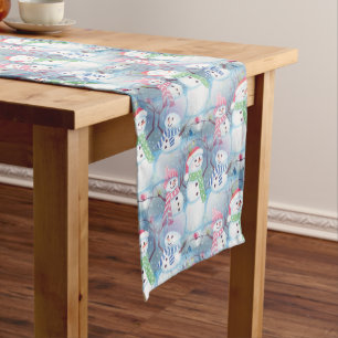 Cute Funny Winter Season Snowmen Watercolor Art Long Table Runner