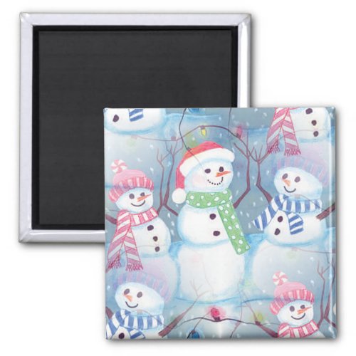 Cute Funny Winter Season Snowmen Watercolor Art Magnet