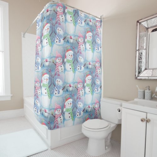 Cute Funny Winter Season Snowmen Watercolor Art Shower Curtain