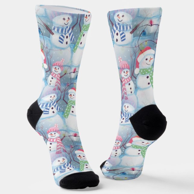 Cute Funny Winter Season Snowmen Watercolor Art Socks (Angled)