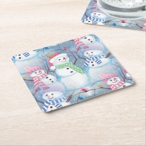 Cute Funny Winter Season Snowmen Watercolor Art Square Paper Coaster